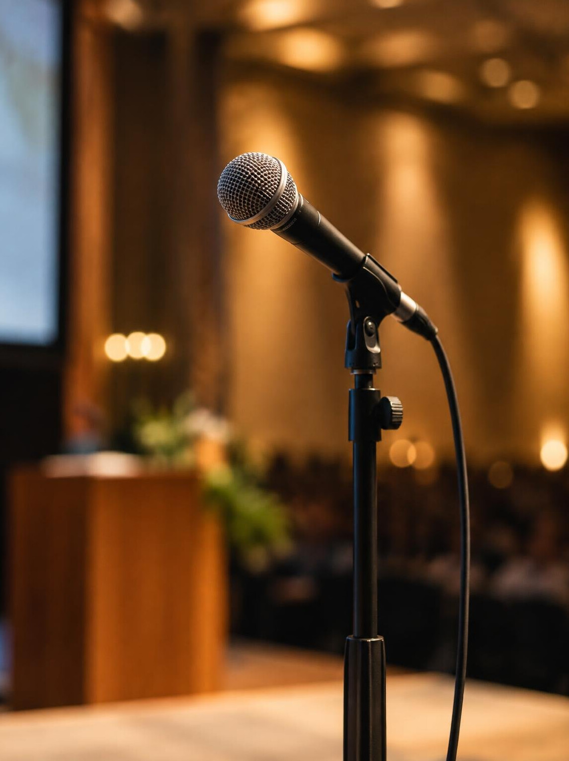 Microfone em um palco antes de uma palestra
